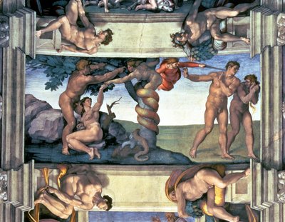 Sistine Chapel Ceiling: The Fall of Man and the Expulsion from the Garden of Eden, with four Ignudi, 1510 (post restoration) by Michelangelo Buonarroti